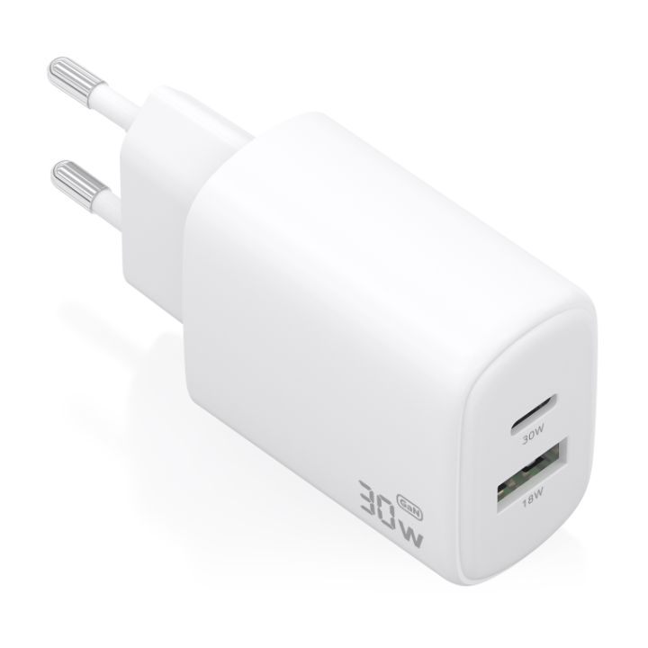 cargador aisens gan 30w 1xusb c pd3.0 qc4.0 1xusb a qc3.0 blanco