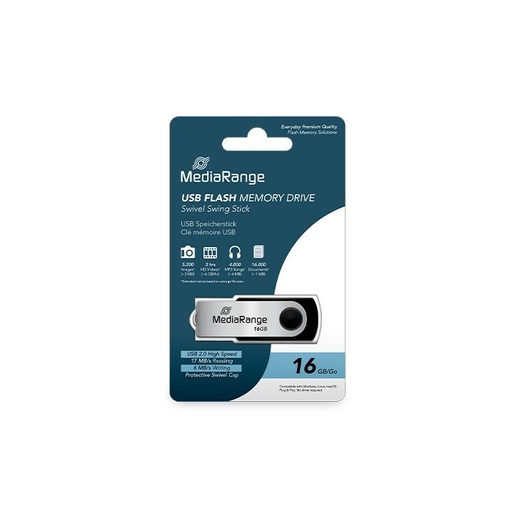 pendrive 16gb usb 2.0 mediarange silver black lectura 17mbs escritura 6mbs