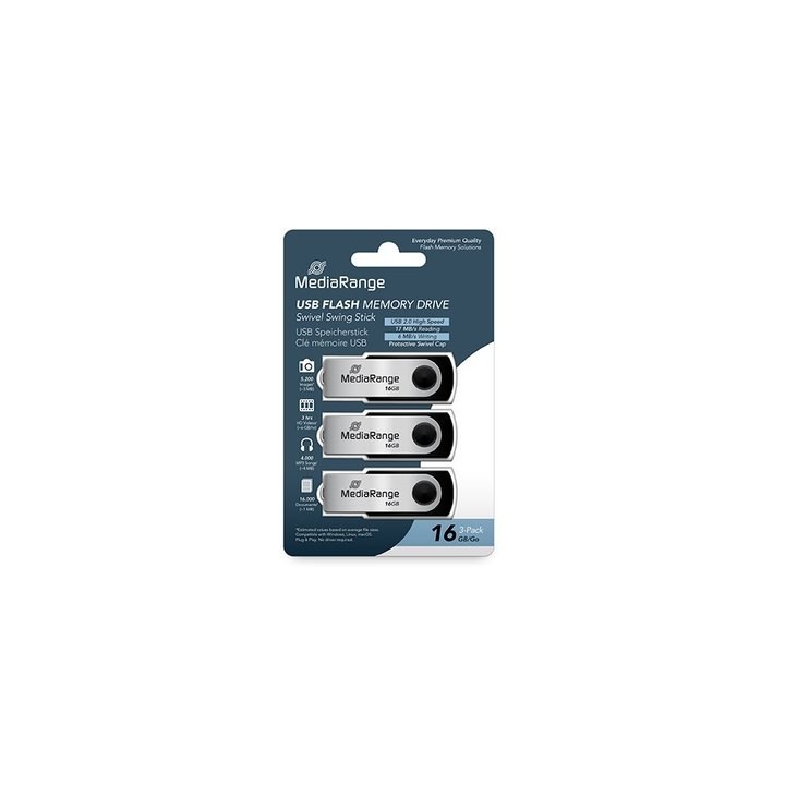pendrive 16gb usb 2.0 mediarange 3 pack lectura 17mbs escritura 6mbs