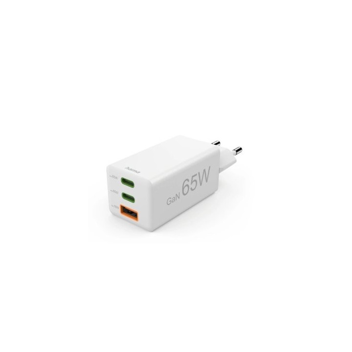 cargador usb c hama 65w 2xusb c 1xusb a gan  quick charge power delivery blanco