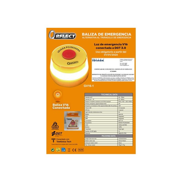 baliza de emergencia orflect v16 conectada idiada pc25020094