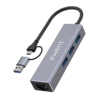 ewent hub 3 puertos usb a 3.1 + 1 puerto gigabit, compatible usb c