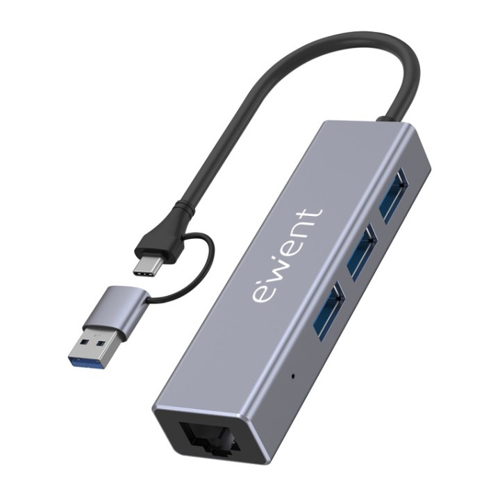 ewent hub 3 puertos usb a 3.1 + 1 puerto gigabit, compatible usb c