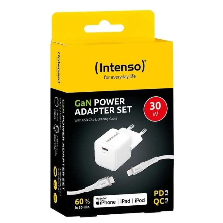 intenso  kit cargador gan w30c + cable lightning
