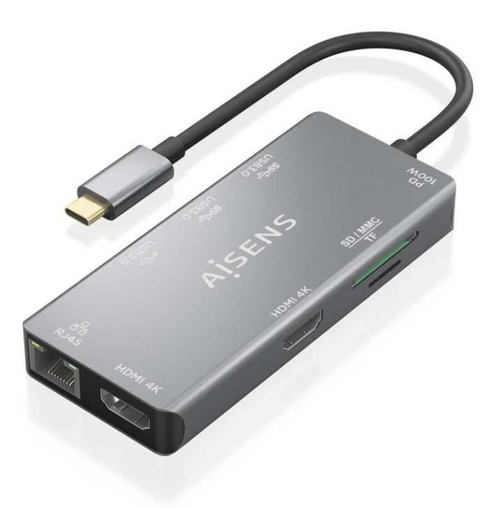 hub aisens usb c dock 9 en 1 usb c 2xhdmi rj45 2xusb a 3.0 usb a 2.0 pd