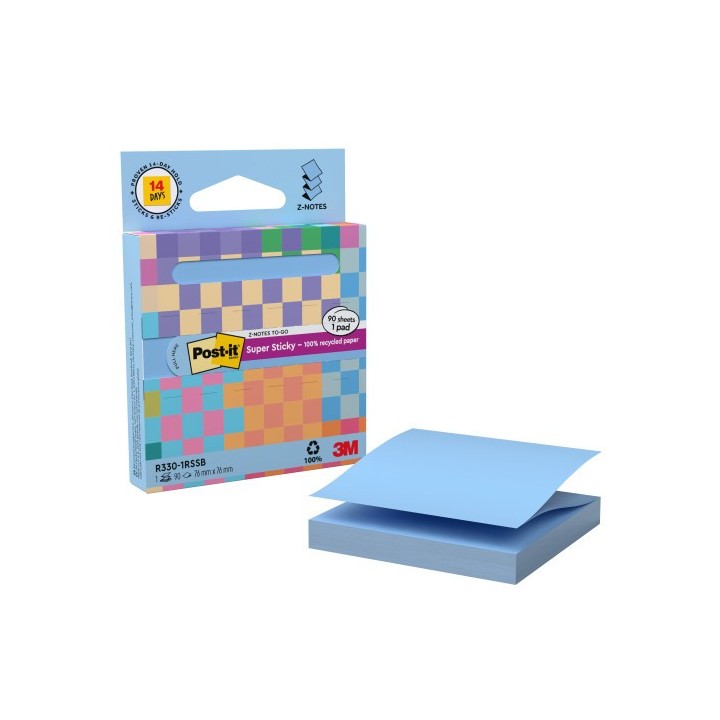 post it dispensador de carton 90 hojas z notes reciclado super sticky 76x76 mm azul lavado r330 1rss