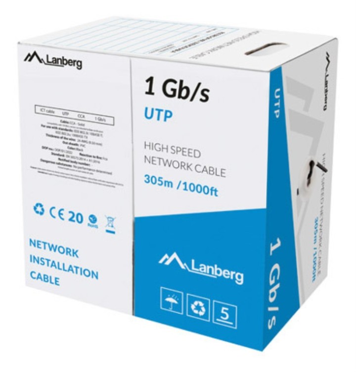 bobina cable red lanberg utp rj45 1gb/s solido cca awg23 305m  negro