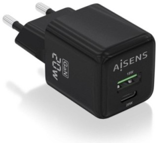 cargador gan aisens 20w 1xusb c pd3.0 qc4.0 1xusb a qc3.0 negro