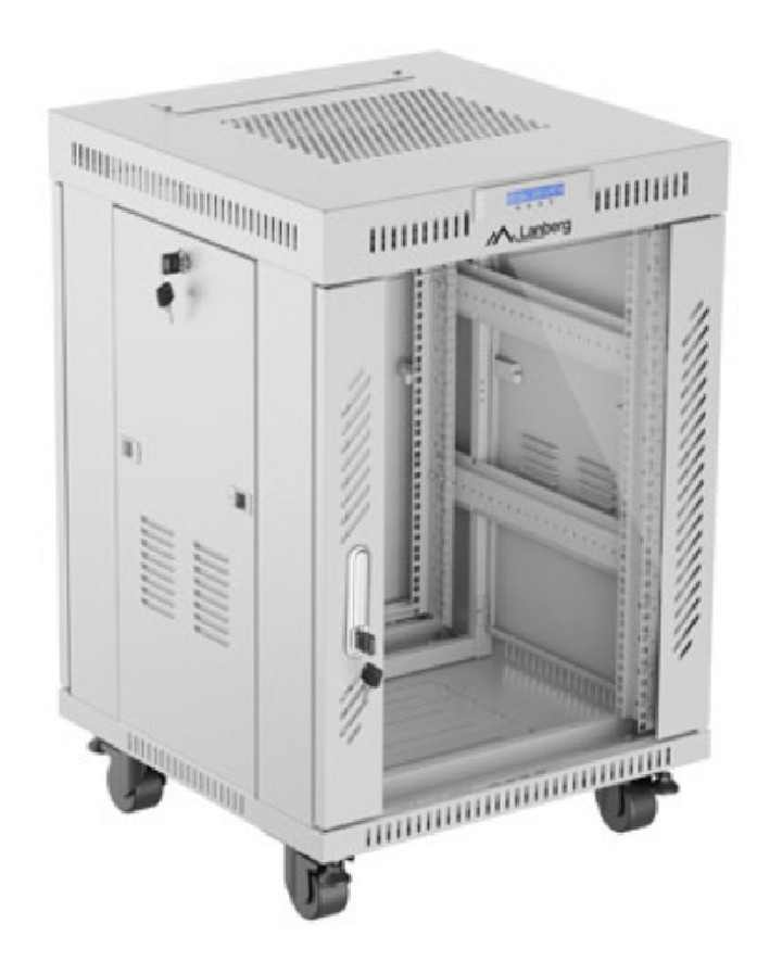 armario lanberg rack 19" 15u 600x600 flat pack gris puerta de cristal con lcd