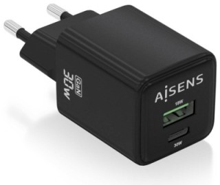 cargador aisens gan 30w 1xusb c pd3.0 qc4.0 1xusb a qc3.0 negro