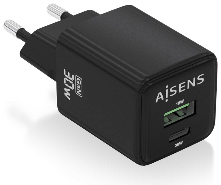 cargador aisens gan 30w 1xusb c pd3.0 qc4.0 1xusb a qc3.0 negro