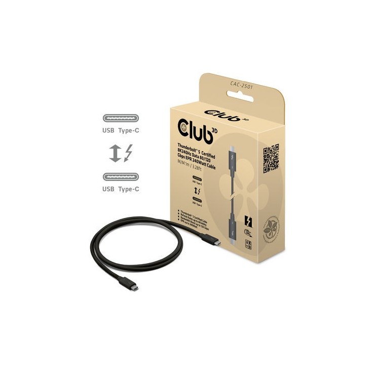 cable club 3d thunderbolt 5 certificado 8k240hz data 20gbps pd 240w 48v/5a  epr m/m 2m/6.56ft