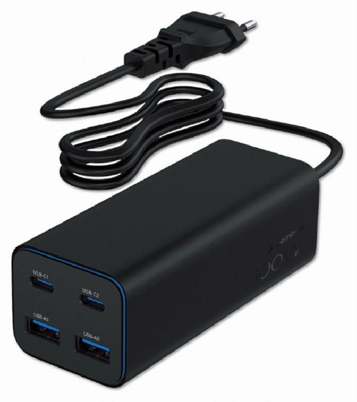 cargador rapido gembird usb powerdelivery gan de 4 puertos 100 w negro
