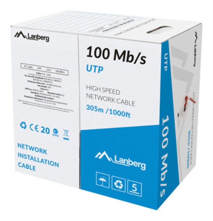 bobina cable red lanberg utp rj45 100 mb/s solido cca awg24 305m rojo