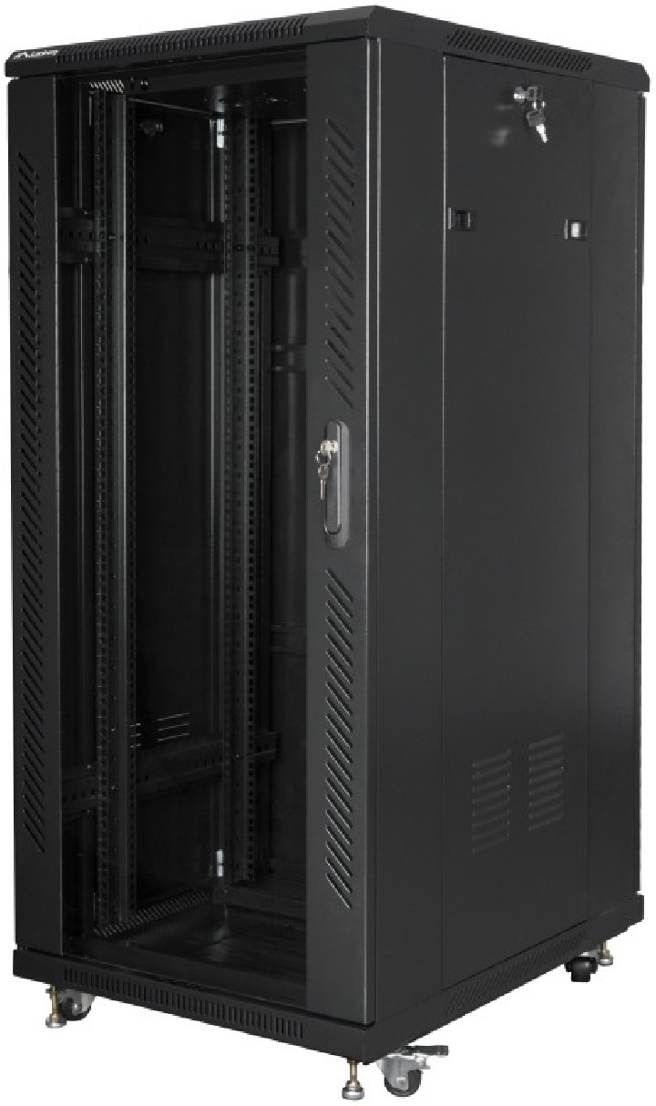 armario lanberg rack 19" 27u 600x800 flat pack negro puerta cristal con lcd