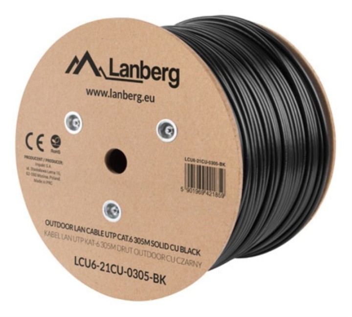 bobina cable red lanberg exterior utp rj45 cat.6 solido cu awg24 305m negro flu