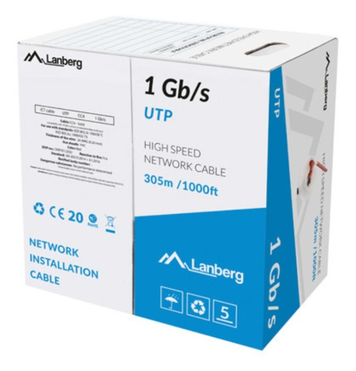 bobina cable red lanberg utp rj45 1gb/s solido cca awg23 305m rojo