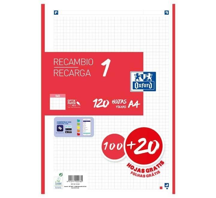 recambio 100h+20 oxford color 1 a4 5x5 rojo