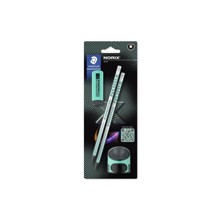 staedtler blister con 2 lapices de grafito norix hb, afilalapices y goma turquesa staedtler 181 sbk2
