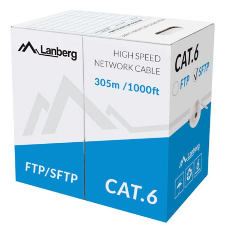 bobina cable red lanberg sftp rj45 cat.6 solido cu awg24 cpr 305m gris fluke