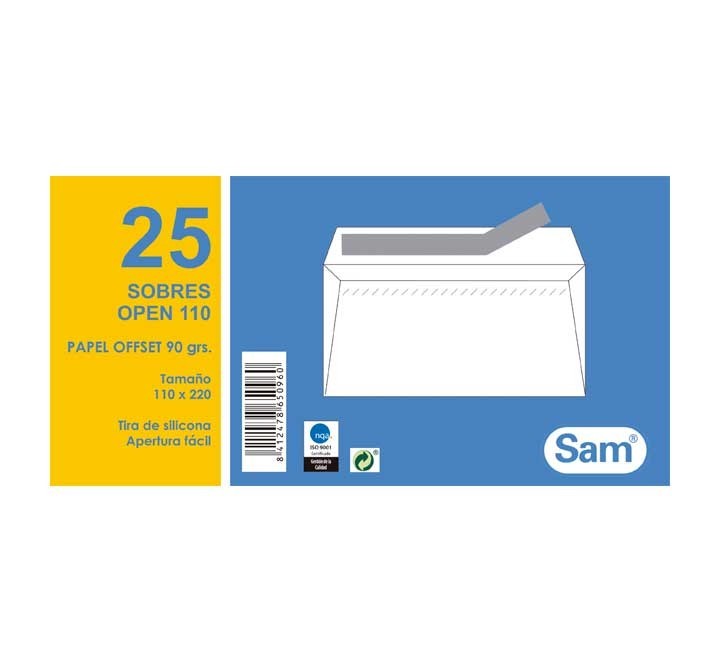paq.25 sobres sam 110x220 autodex blanco open 110