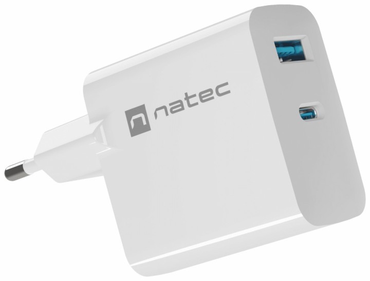 cargador natec ribera gan 65w pd3.0 qc3.0 1xusb a + 1xusb c blanco