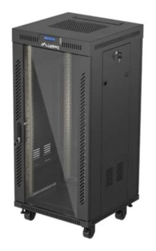 armario rack lanberg 19" 24u 600x600 con lcd puerta de cristal flat pack negro