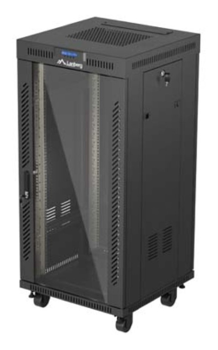 armario rack lanberg 19" 24u 600x600 con lcd puerta de cristal flat pack negro