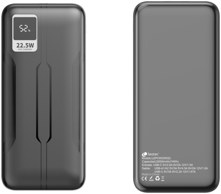 leotec powerbank 20000mah 22,5w pd20w neg  1 usb c+2usb a inc usb a a usb c