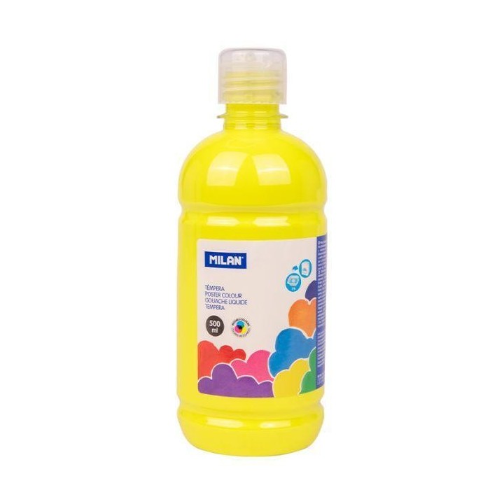 botella de 500 ml con tapon dosificador, color amarillo limon. tempera fabricada con pigmentos de ca