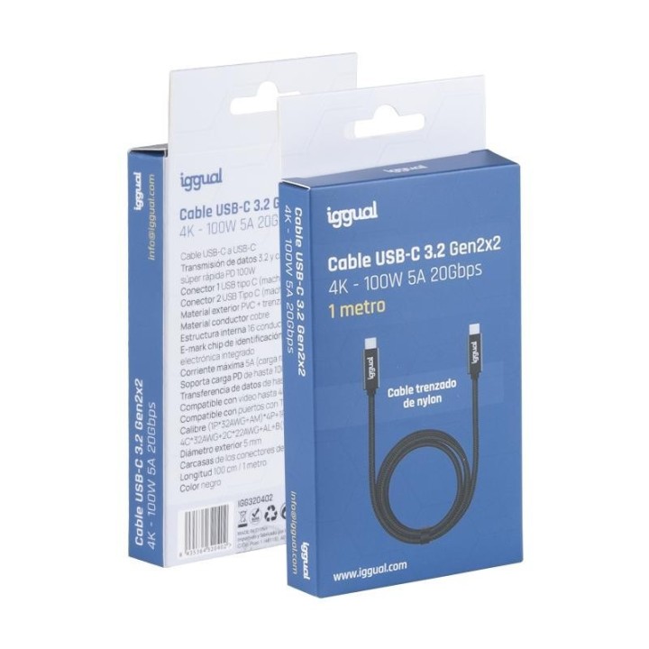 iggual cable usb c 3.2 gen2x2 100w 5a 4k 1m nylon
