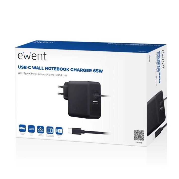 ewent cargador usb-c pd 45w +puerto usb-a